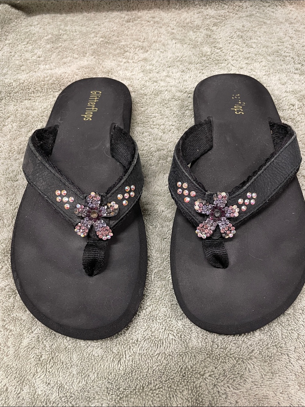Black Floral Crystal Thong Sandals - Sparkle Accent